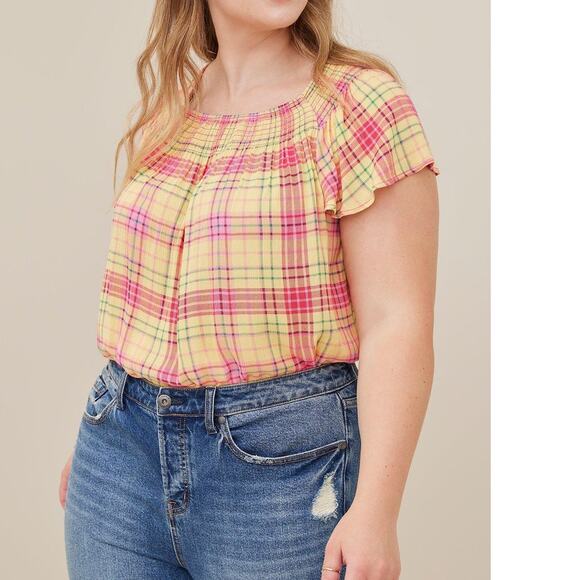 torrid Tops - Torrid Yellow Plaid Smocked Blouse Women's Size 3X Crinkle Gauze Crew Neck Top